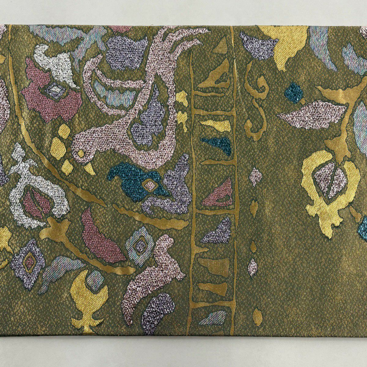 【美品】 袋帶 秀品級 鳥 草花紋 金金箔 金線 金色 六通 純蠶絲