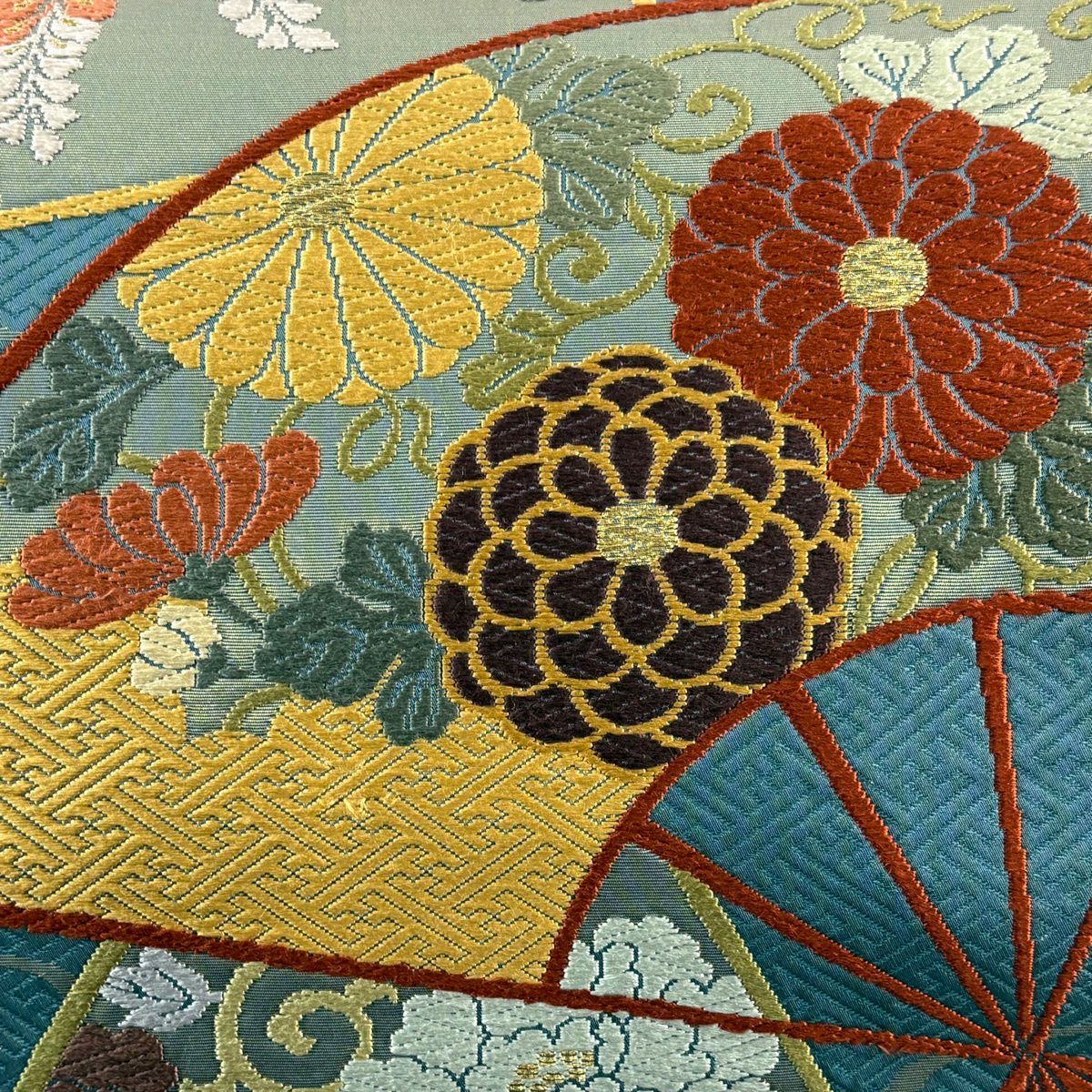 【美品】 袋帶 秀品級 扇子 草花紋 唐織 金金箔 青綠 六通 純蠶絲