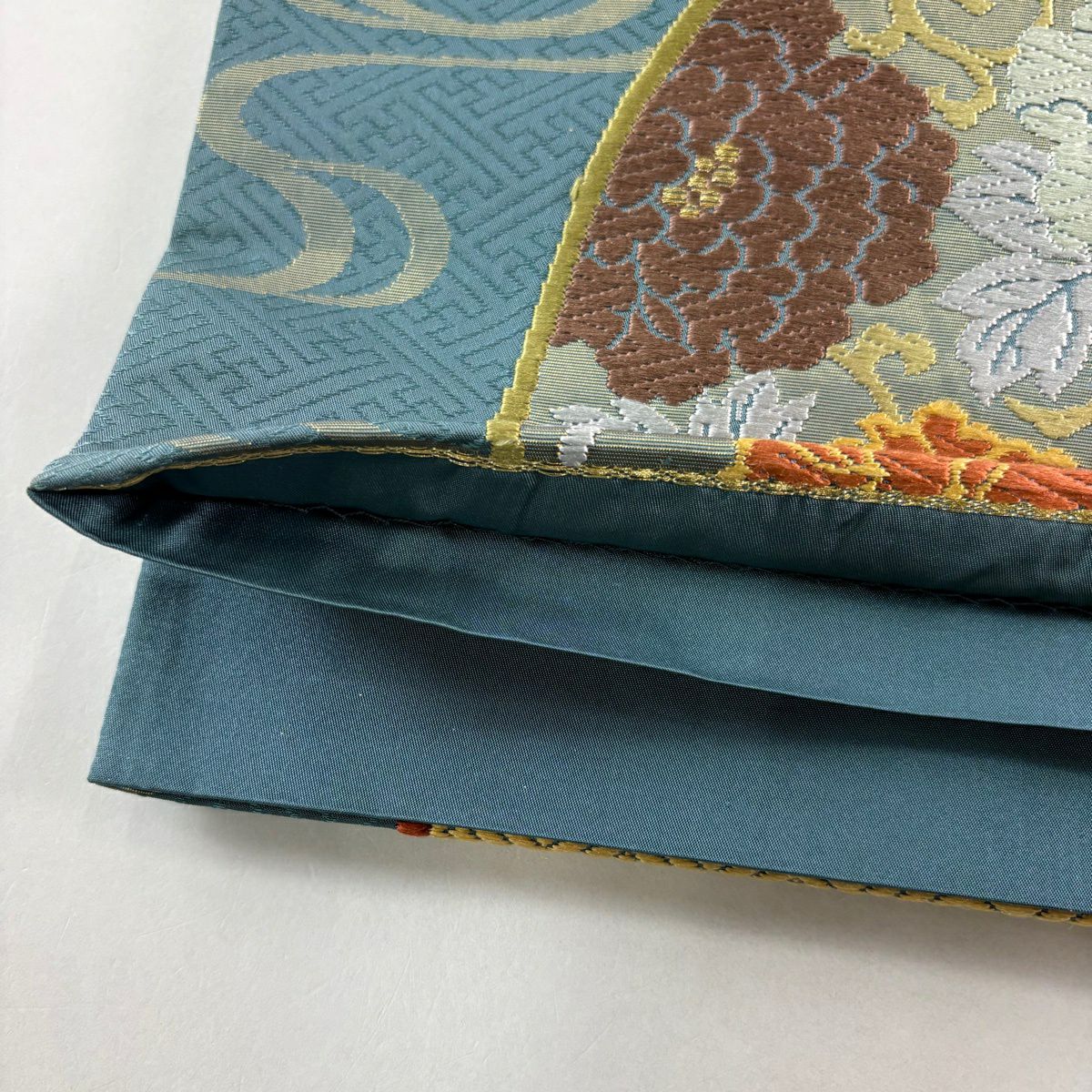 【美品】 袋帶 秀品級 扇子 草花紋 唐織 金金箔 青綠 六通 純蠶絲