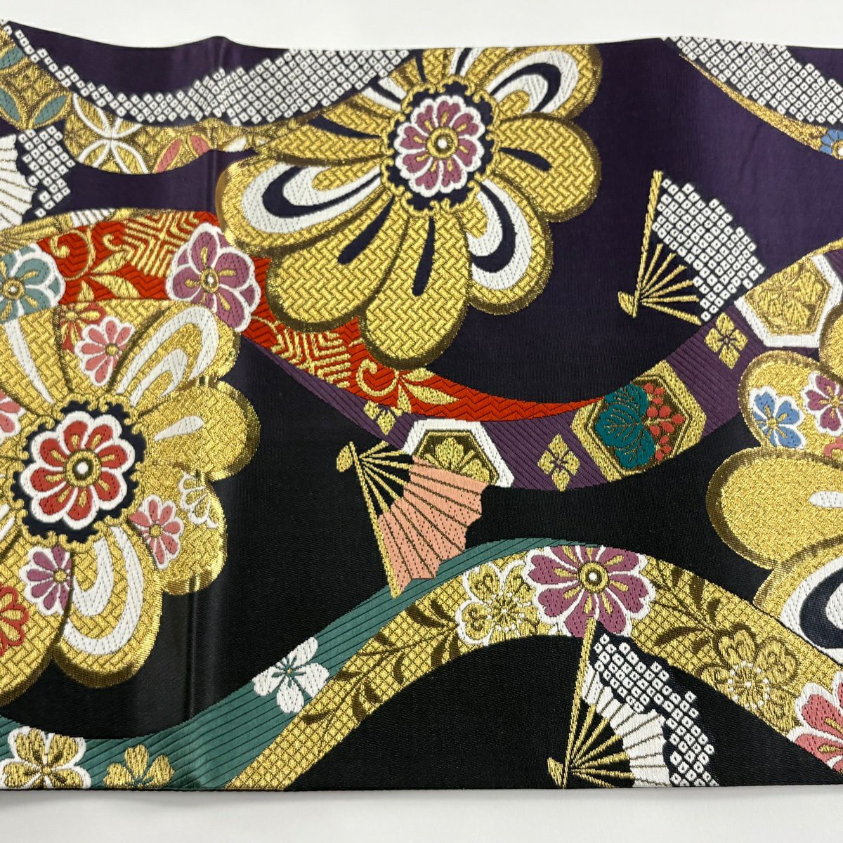 袋帶 秀品級 花 有職紋樣 金絲 金金箔 紫 六通 純蠶絲