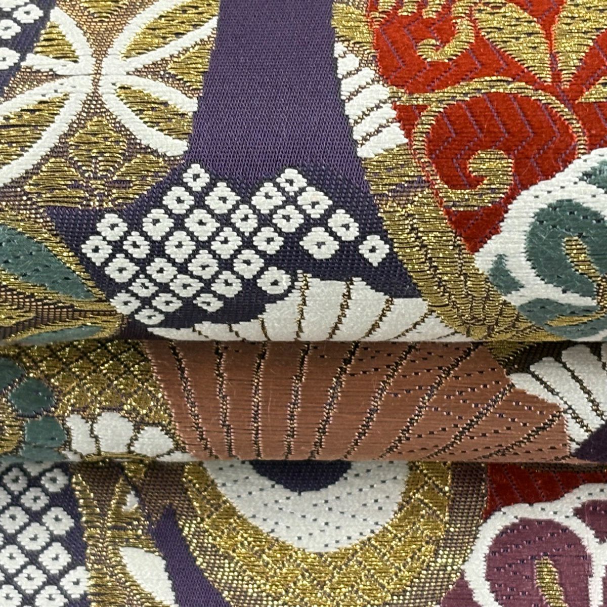 袋帶 秀品級 花 有職紋樣 金絲 金金箔 紫 六通 純蠶絲