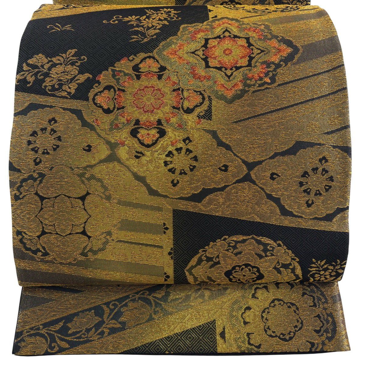 【美品】 袋帶 秀品級 華紋 草花紋紋 金金箔 黑 六通 純蠶絲