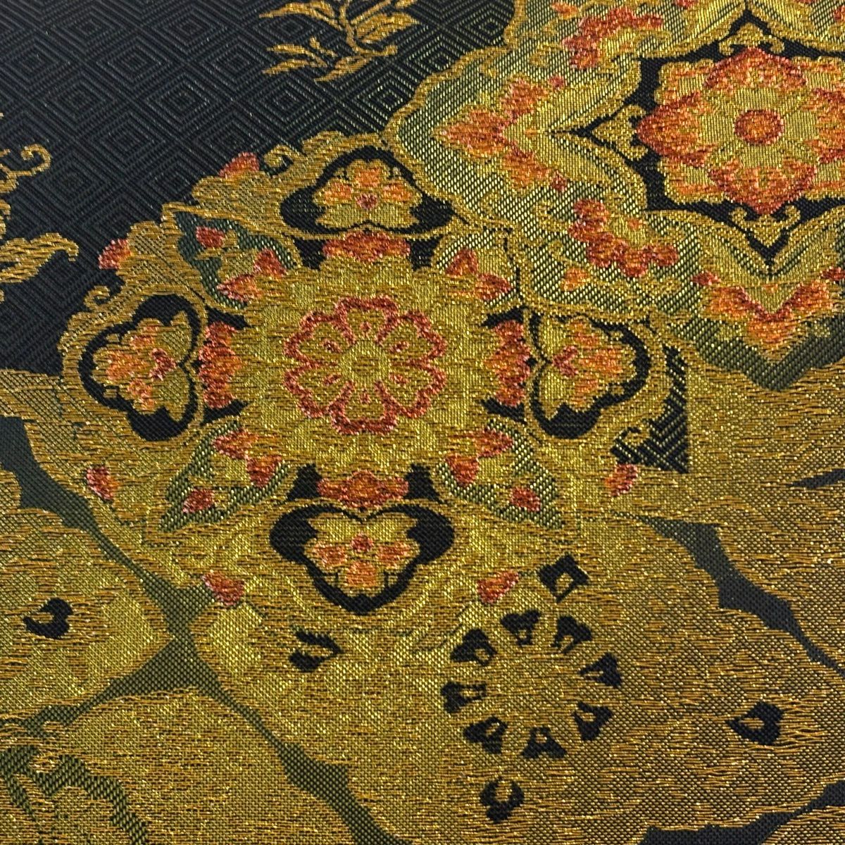【美品】 袋帶 秀品級 華紋 草花紋紋 金金箔 黑 六通 純蠶絲