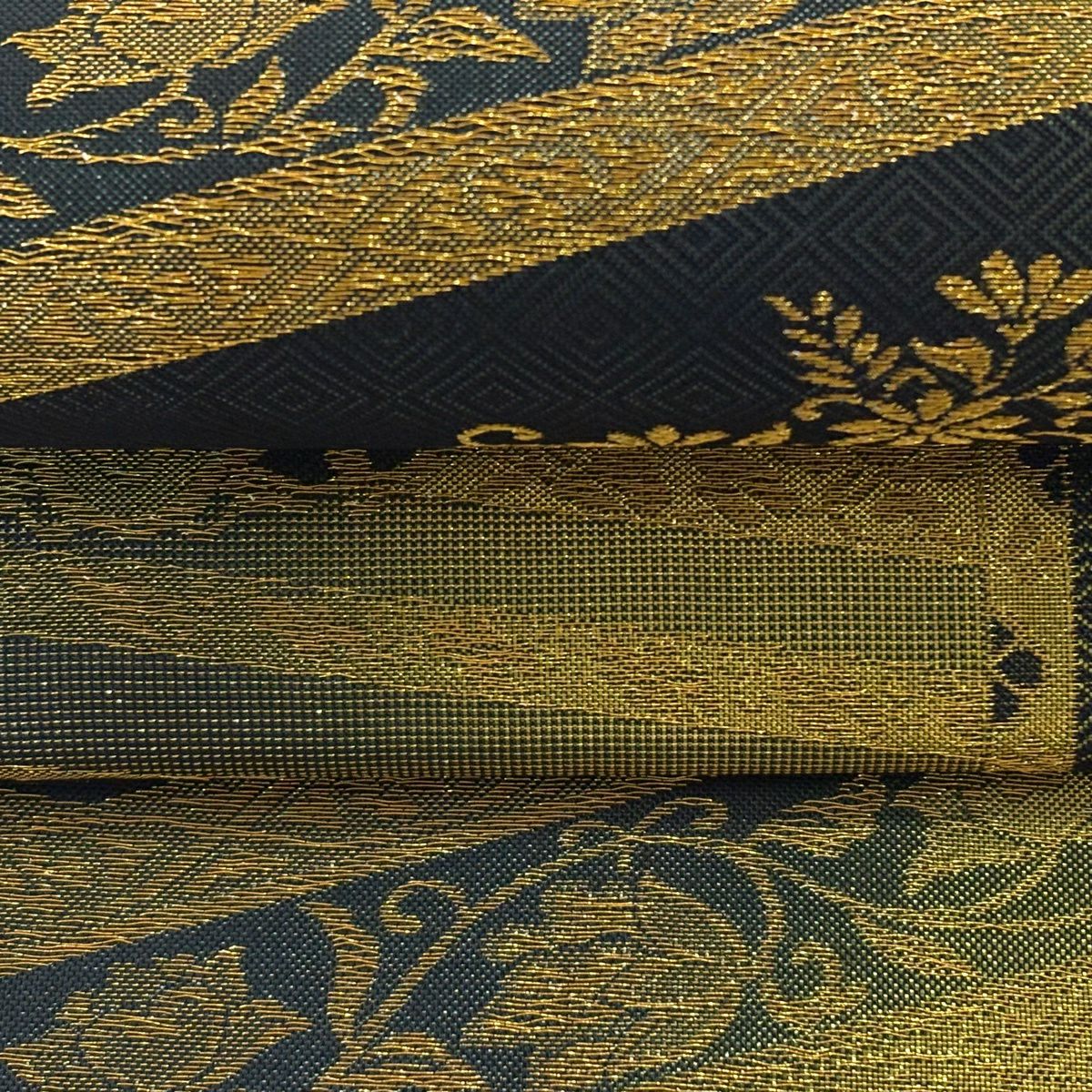 【美品】 袋帶 秀品級 華紋 草花紋紋 金金箔 黑 六通 純蠶絲