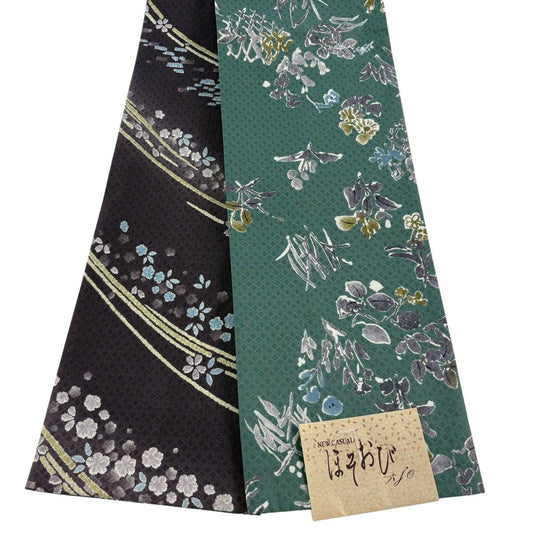 【美品】半幅帶 優品級 草花紋 紋理 灰綠 化纖