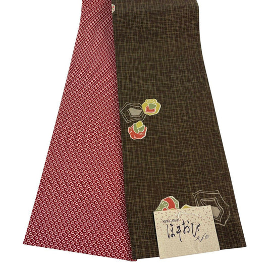 【美品】半幅帶 優品級 花紋 茶 化纖