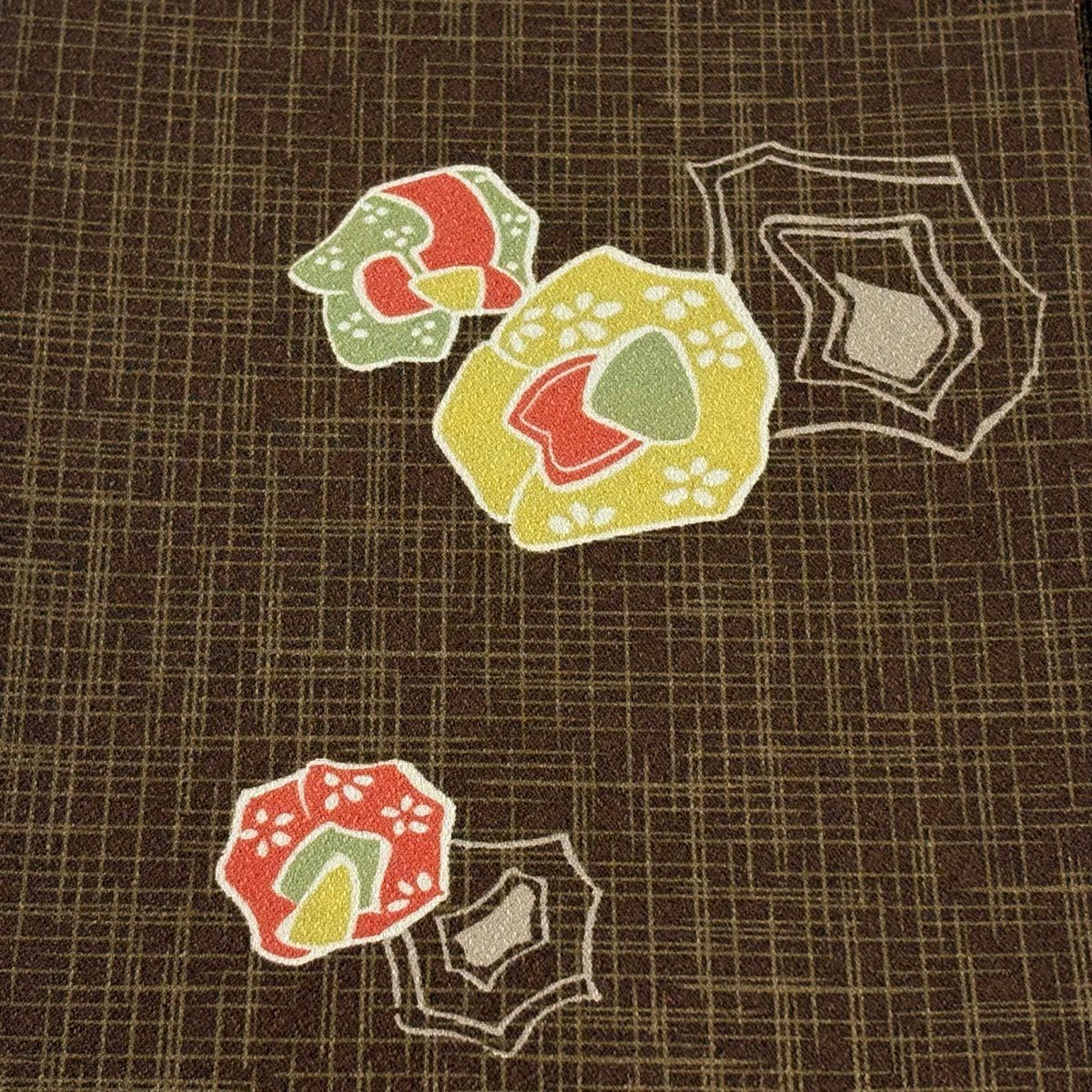 【美品】半幅帶 優品級 花紋 茶 化纖