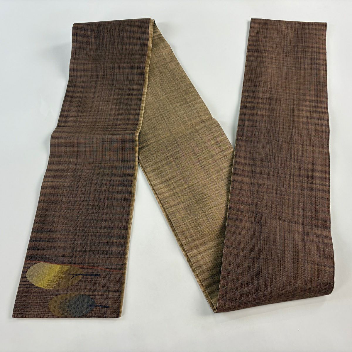 【美品】半幅帶 優品級 縞 茶 純蠶絲