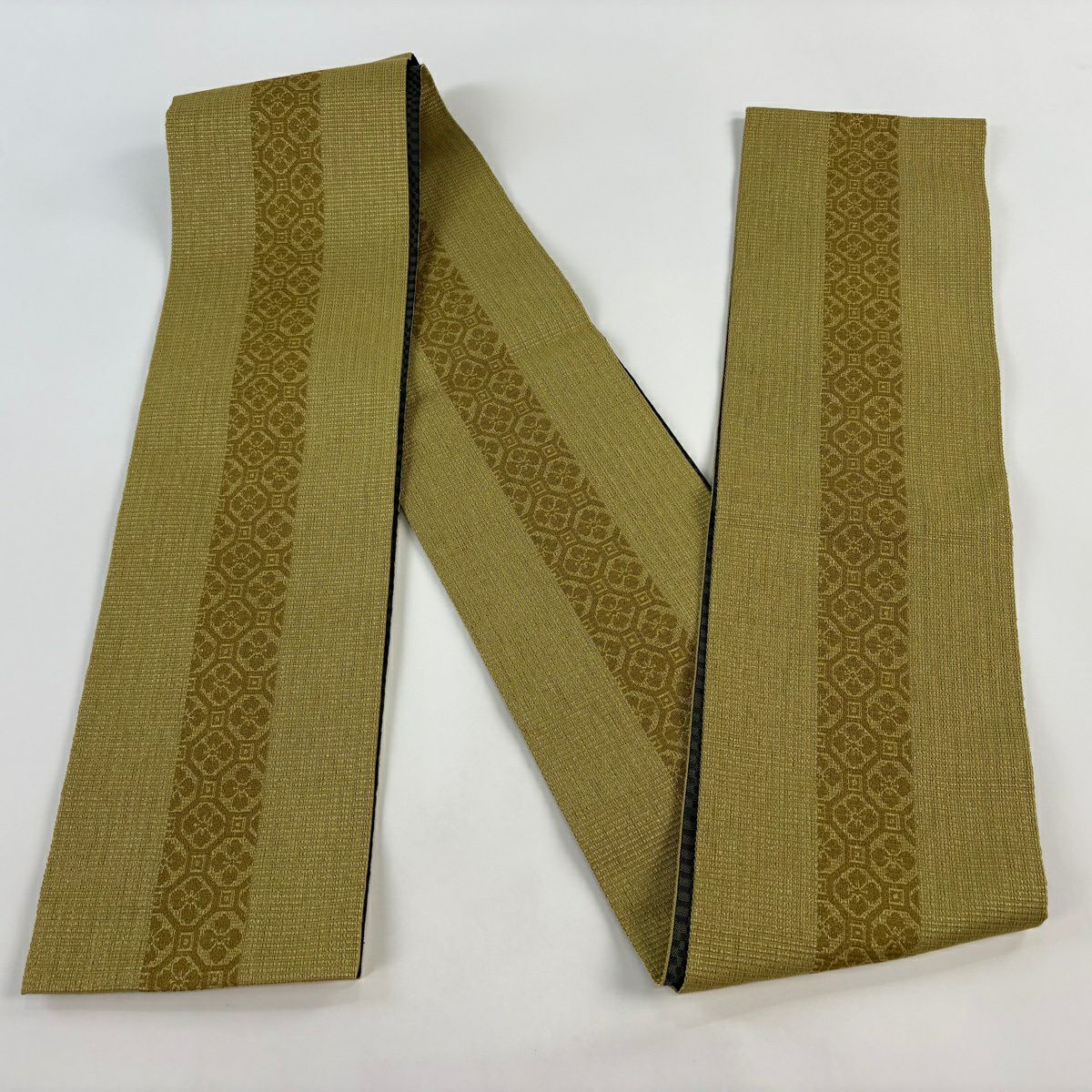 【美品】半幅帶 優品級 こむさでもーど 蜀江文 金絲 芥末色 化纖