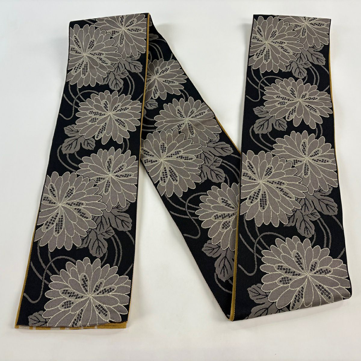【美品】半幅帶 優品級 菊花 黑 化纖
