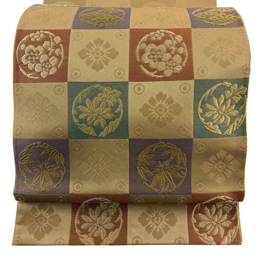 袋帶 名品級 花井幸子 落款 松樹竹子梅花 市松樹 唐織 薄茶 純蠶絲