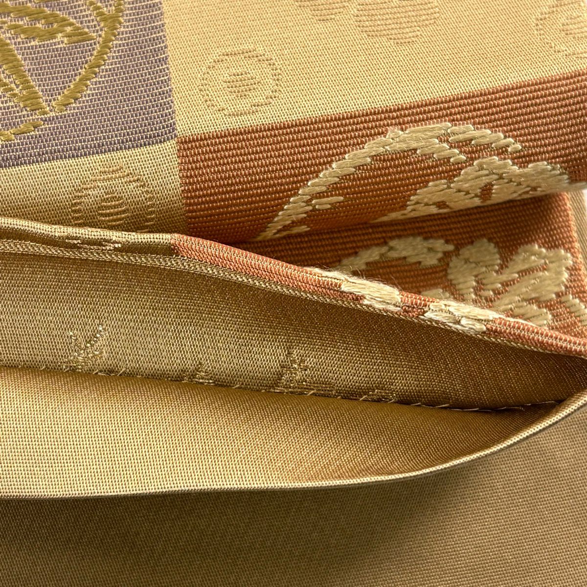 袋帶 名品級 花井幸子 落款 松樹竹子梅花 市松樹 唐織 薄茶 純蠶絲