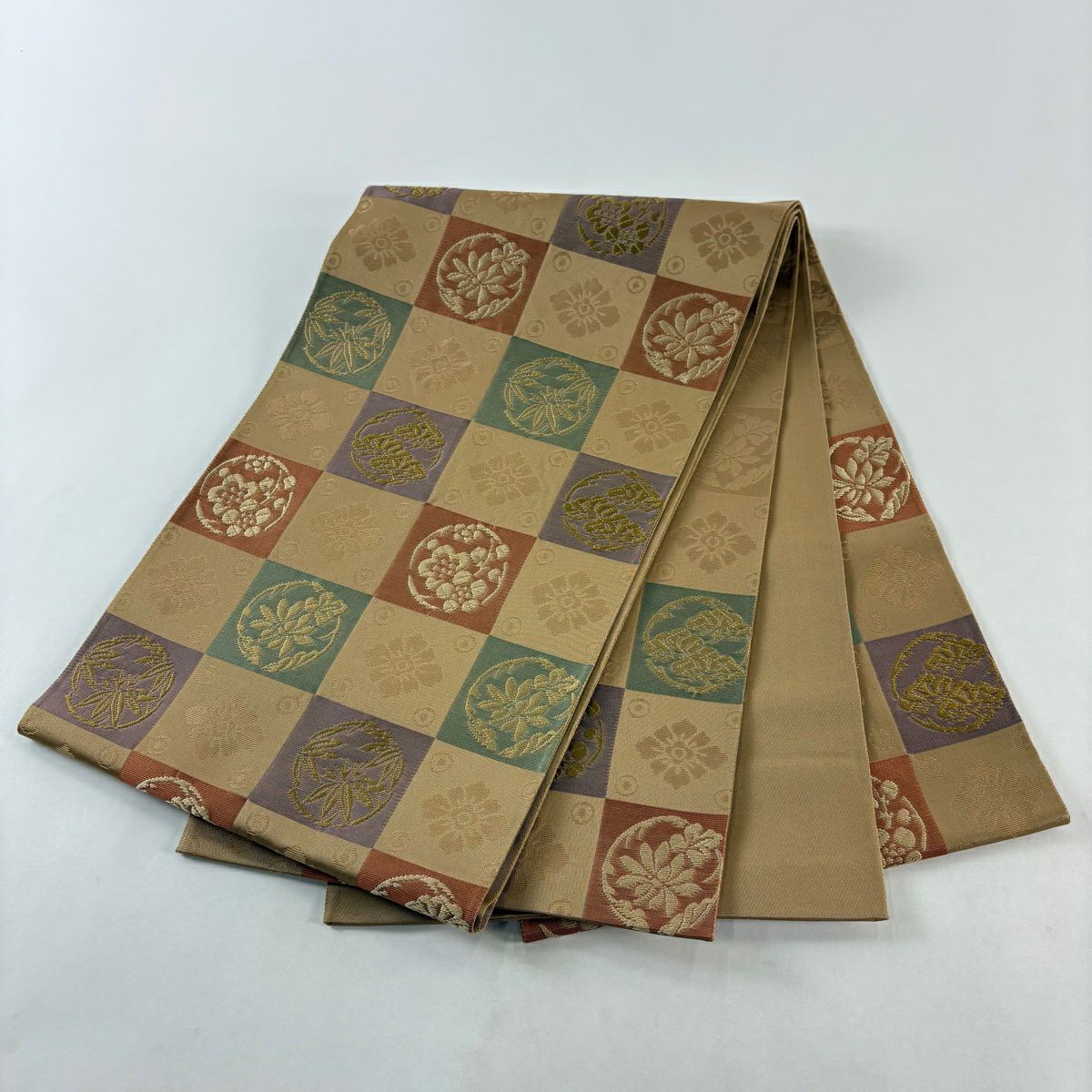袋帶 名品級 花井幸子 落款 松樹竹子梅花 市松樹 唐織 薄茶 純蠶絲