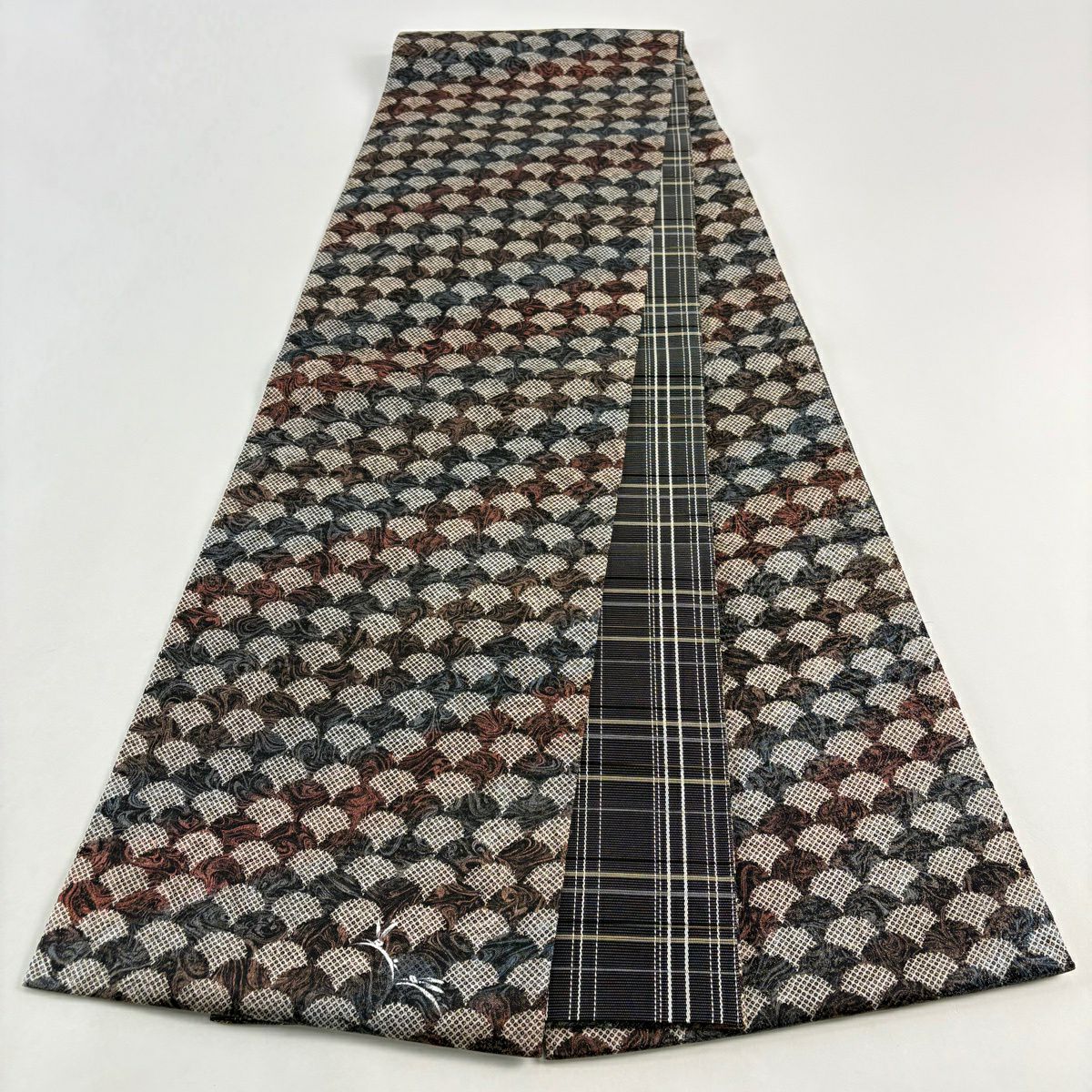 【美品】 袋帶 名品級 墨流し 青海波 金絲 青灰色 全通 純蠶絲
