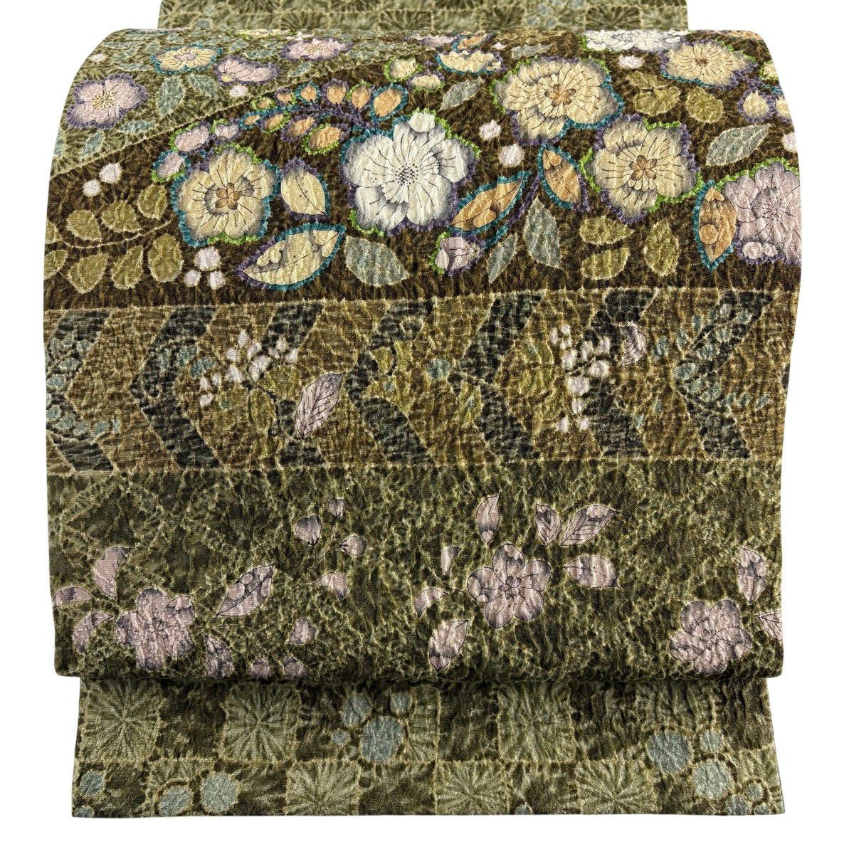 【美品】 袋帶 名品級 辻花染圖案 市松樹 茶綠 金銀彩 正蠶絲