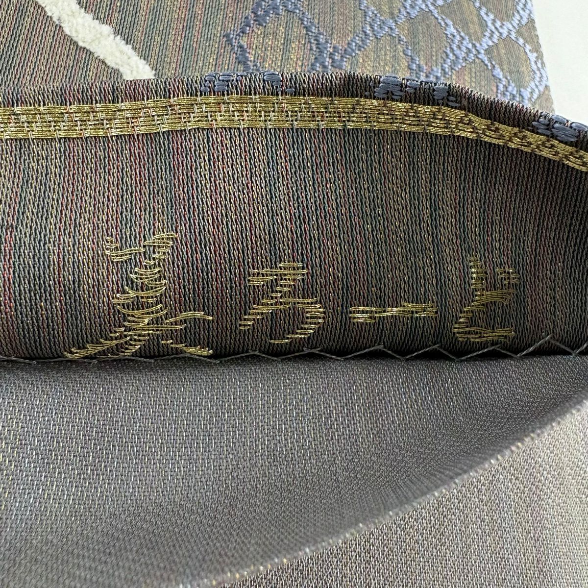 【美品】 袋帶 名品級 幾何圖案 金銀線 灰茶 六通 純蠶絲