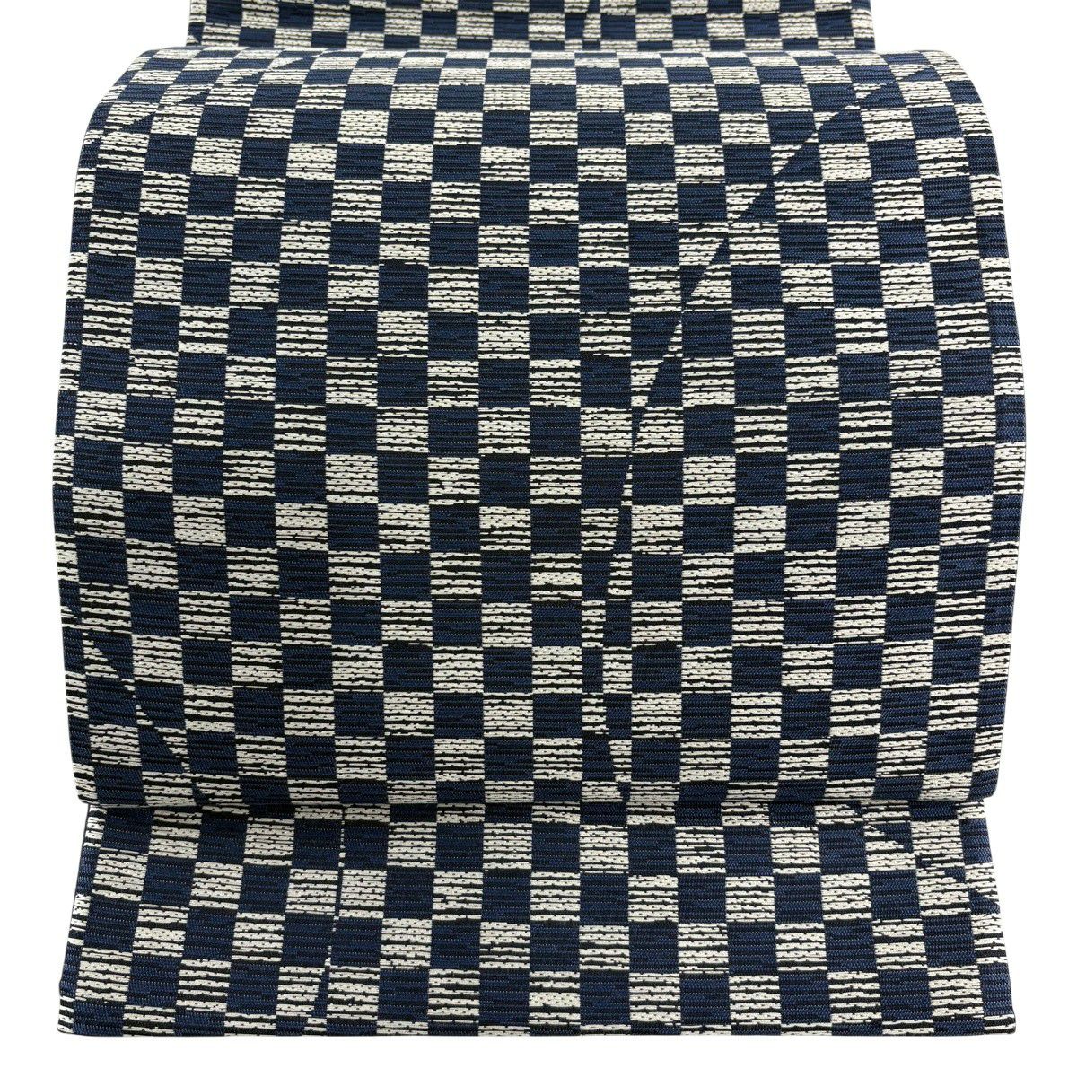 【美品】 袋帶 名品級 市松樹 深藍 全通 純蠶絲