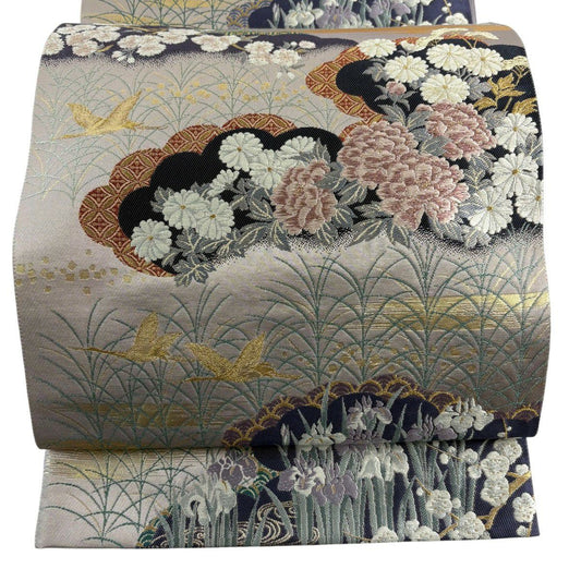 【美品】 袋帶 名品級 じゅらく 落款あり 花鳥 雲文 金絲 金金箔 紫 六通 純蠶絲