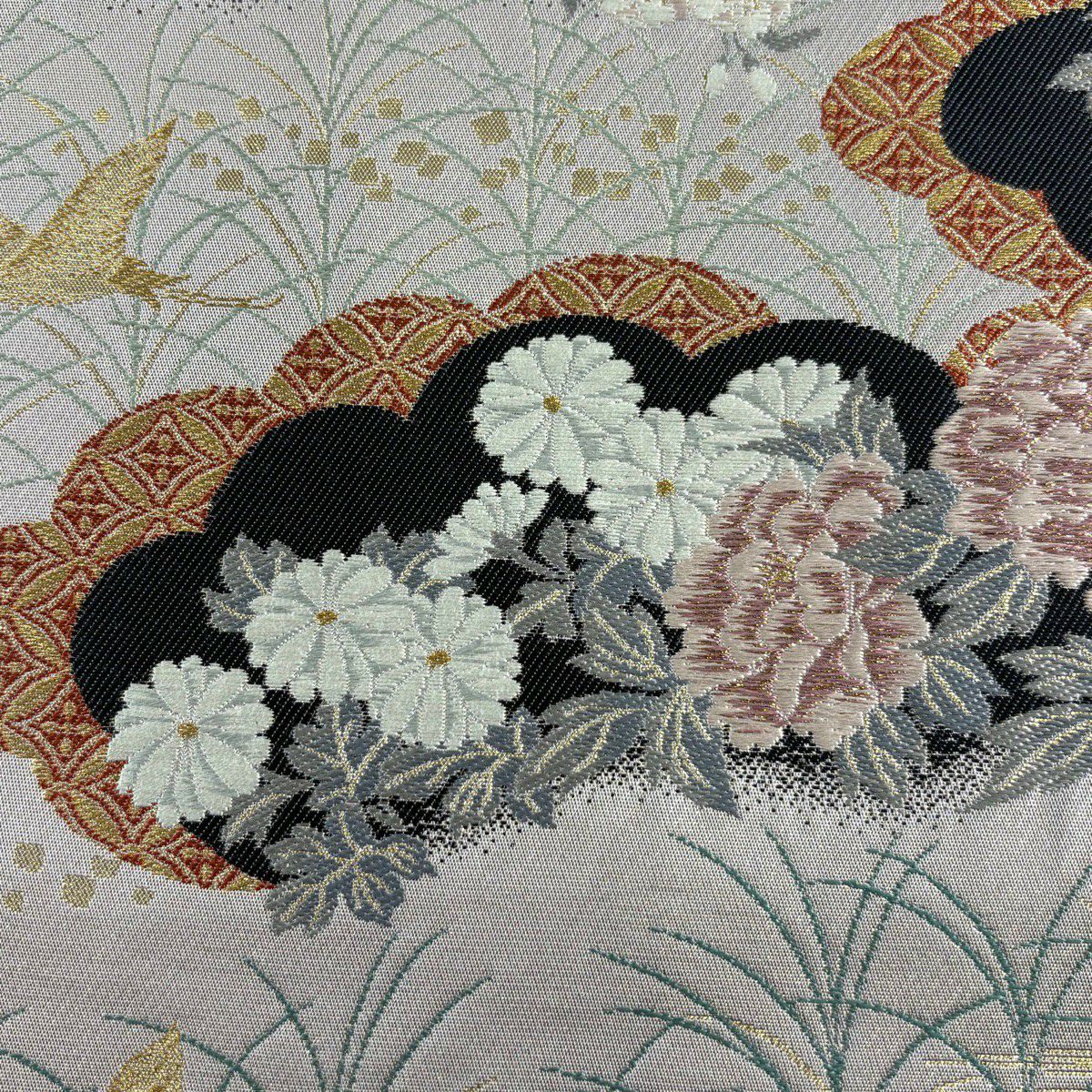 【美品】 袋帶 名品級 じゅらく 落款あり 花鳥 雲文 金絲 金金箔 紫 六通 純蠶絲