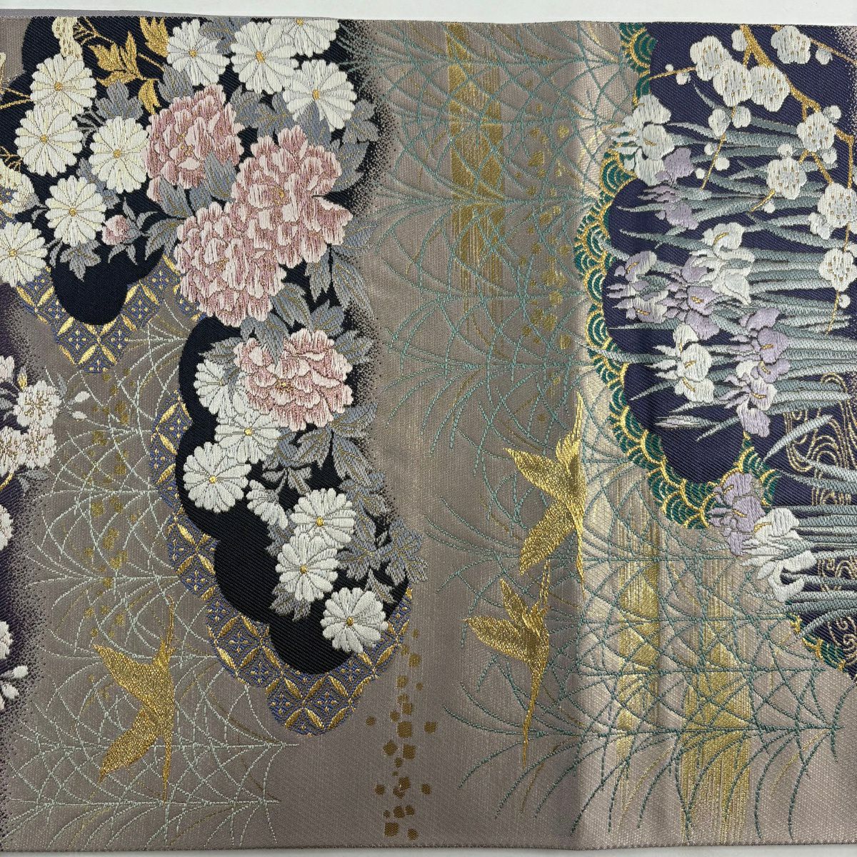 【美品】 袋帶 名品級 じゅらく 落款あり 花鳥 雲文 金絲 金金箔 紫 六通 純蠶絲