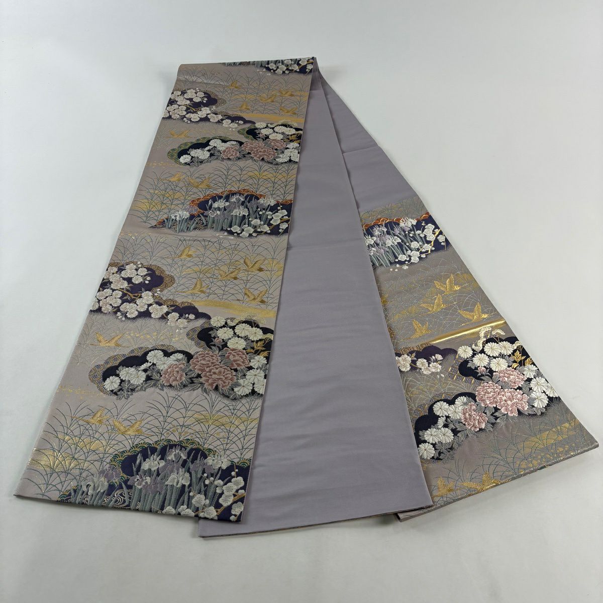 【美品】 袋帶 名品級 じゅらく 落款あり 花鳥 雲文 金絲 金金箔 紫 六通 純蠶絲