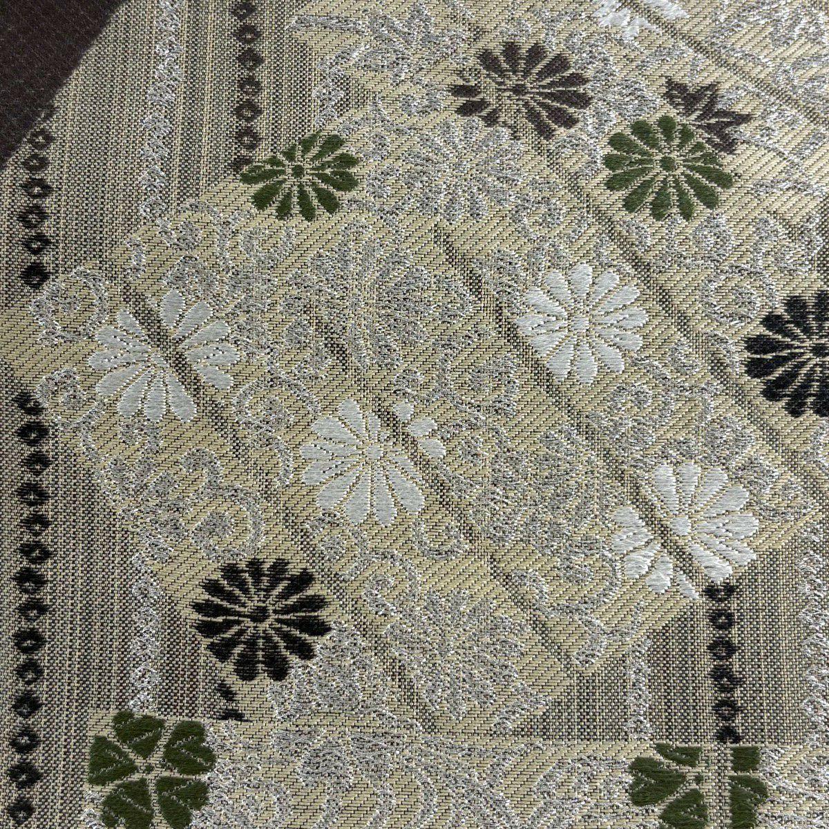 【美品】 袋帶 名品級 源氏香 花唐草紋 銀線 灰綠 六通 純蠶絲