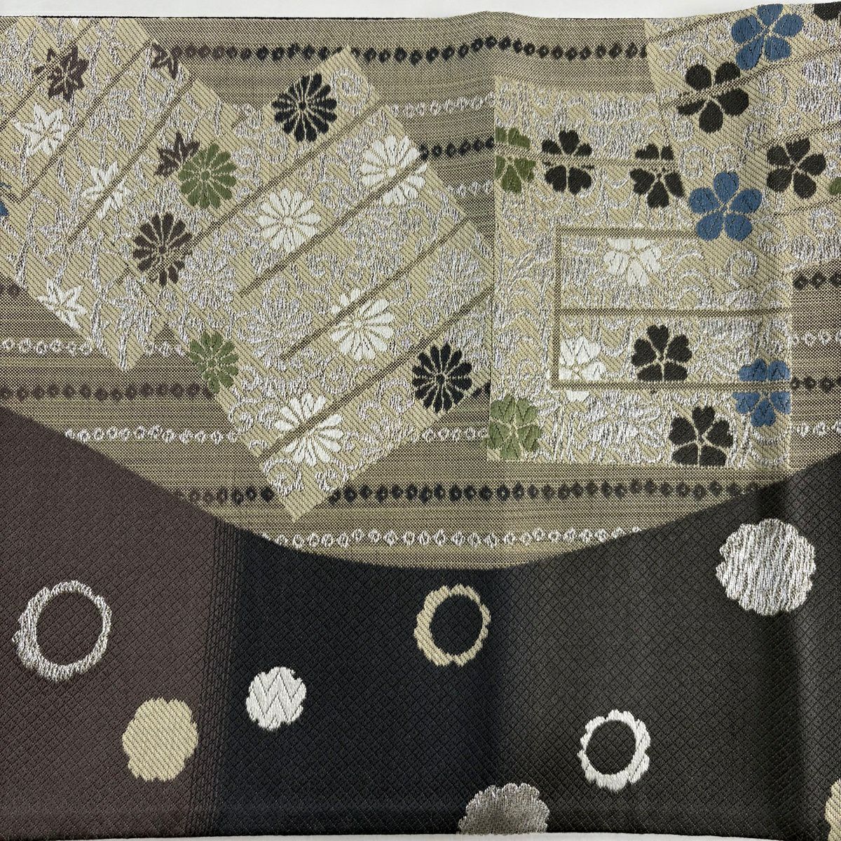 【美品】 袋帶 名品級 源氏香 花唐草紋 銀線 灰綠 六通 純蠶絲