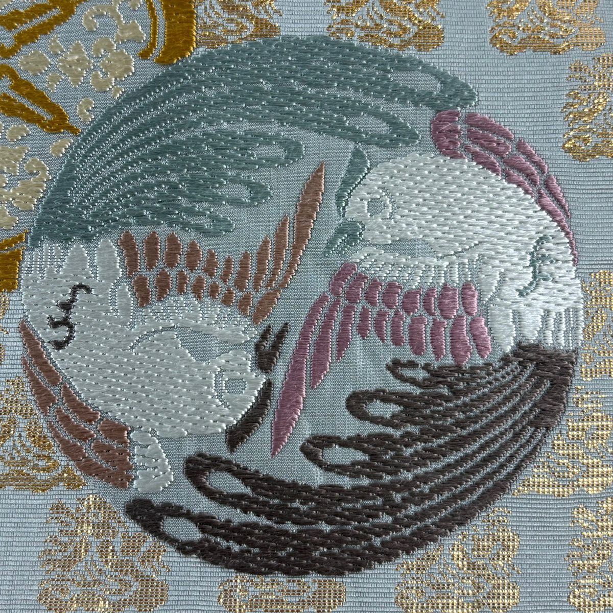 【美品】 袋帶 名品級 角龍地雙鳥紋 金金箔 灰綠 六通 純蠶絲