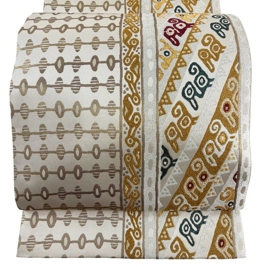 【美品】 袋帶 名品級 幾何學 金絲 金金箔 米色 六通 純蠶絲