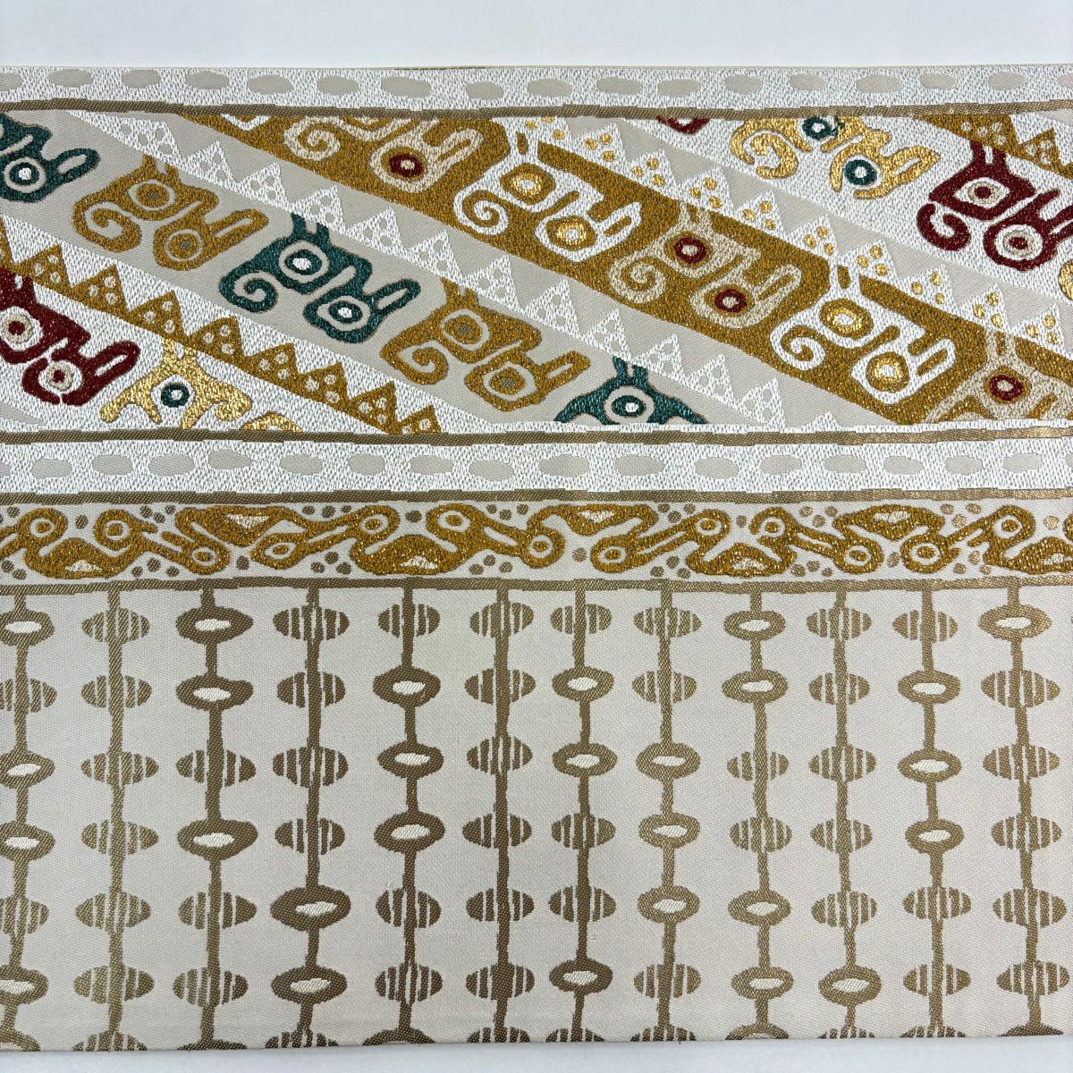 【美品】 袋帶 名品級 幾何學 金絲 金金箔 米色 六通 純蠶絲