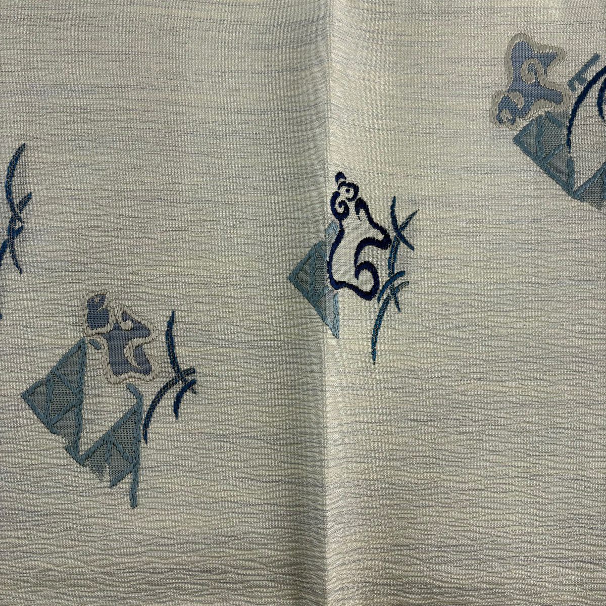 【美品】 袋帶 名品級 夏帶 羊 芝 水藍 六通 純蠶絲
