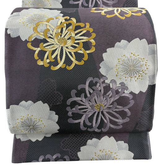 【美品】 袋帶 名品級 小袖座 鈴乃屋 菊花 櫻花 金絲 紫 全通 純蠶絲
