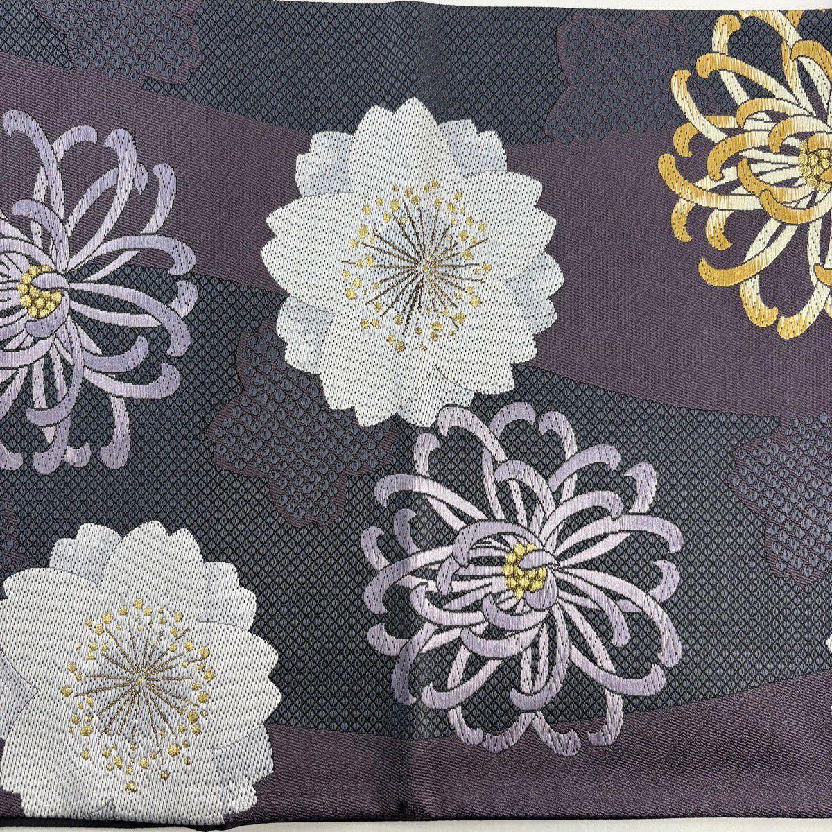 【美品】 袋帶 名品級 小袖座 鈴乃屋 菊花 櫻花 金絲 紫 全通 純蠶絲