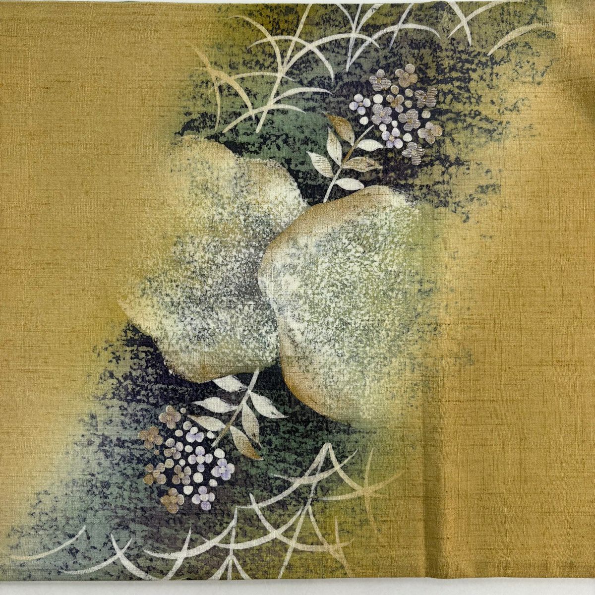 【美品】 袋帶 名品級 紬織織 草花紋 金絲 金銀彩 灰色 大鼓圖案 純蠶絲