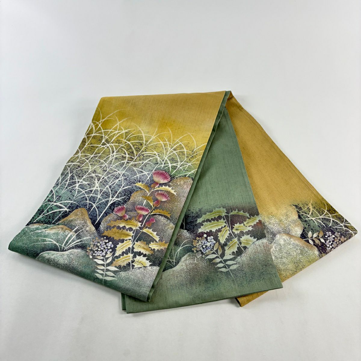 【美品】 袋帶 名品級 紬織織 草花紋 金絲 金銀彩 灰色 大鼓圖案 純蠶絲