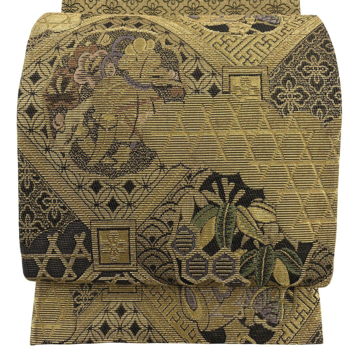 【美品】 袋帶 名品級 松樹竹子梅花 寶 金絲 輪奈織 金色 大鼓圖案 純蠶絲