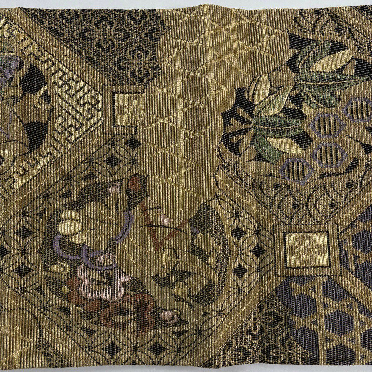 【美品】 袋帶 名品級 松樹竹子梅花 寶 金絲 輪奈織 金色 大鼓圖案 純蠶絲