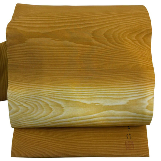 【美品】 名古屋帶 名品級 熊谷好博子 落款 木目 山吹茶 純蠶絲