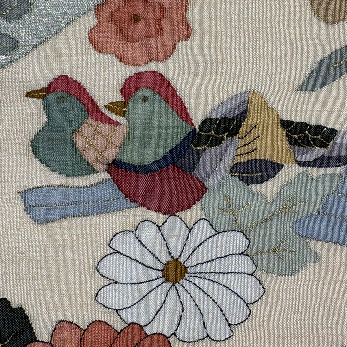 【美品】 袋帶 名品級 菊花 鳥 金絲 金金箔 淺豆色 お太鼓圖案 純蠶絲