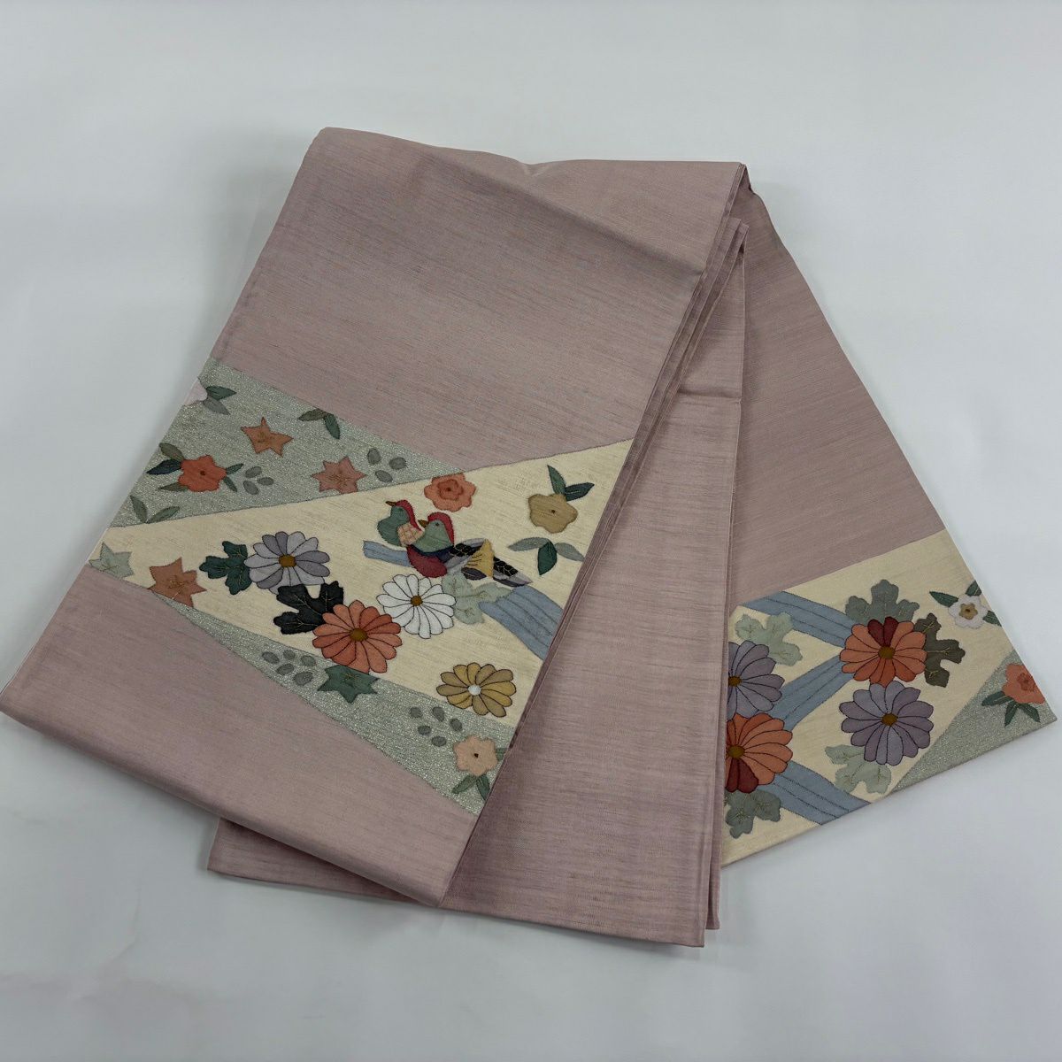 【美品】 袋帶 名品級 菊花 鳥 金絲 金金箔 淺豆色 お太鼓圖案 純蠶絲