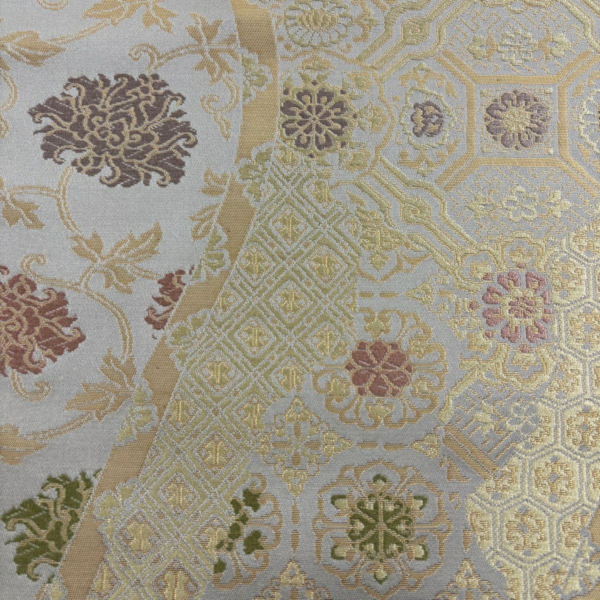【美品】 袋帶 名品級 金金箔屋清兵衛 落款 西陣織 華紋 花唐草紋 金金箔 灰色 六通 純蠶絲