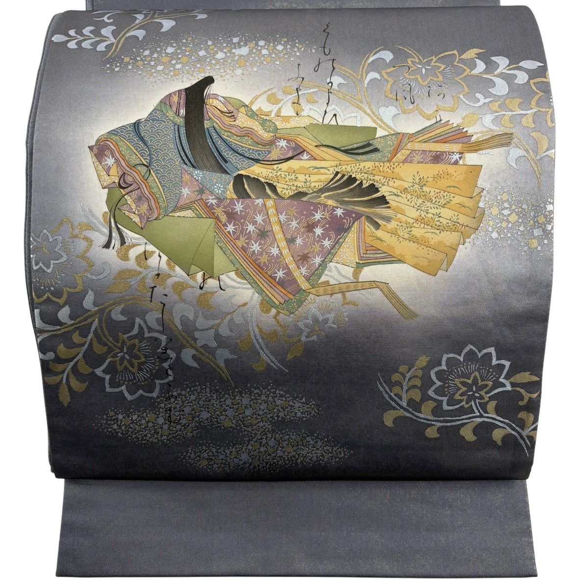【美品】 袋帶 名品級 樽本伊勢藏 落款あり 姫 和歌 金銀彩 金通 灰色 お太鼓圖案 純蠶絲