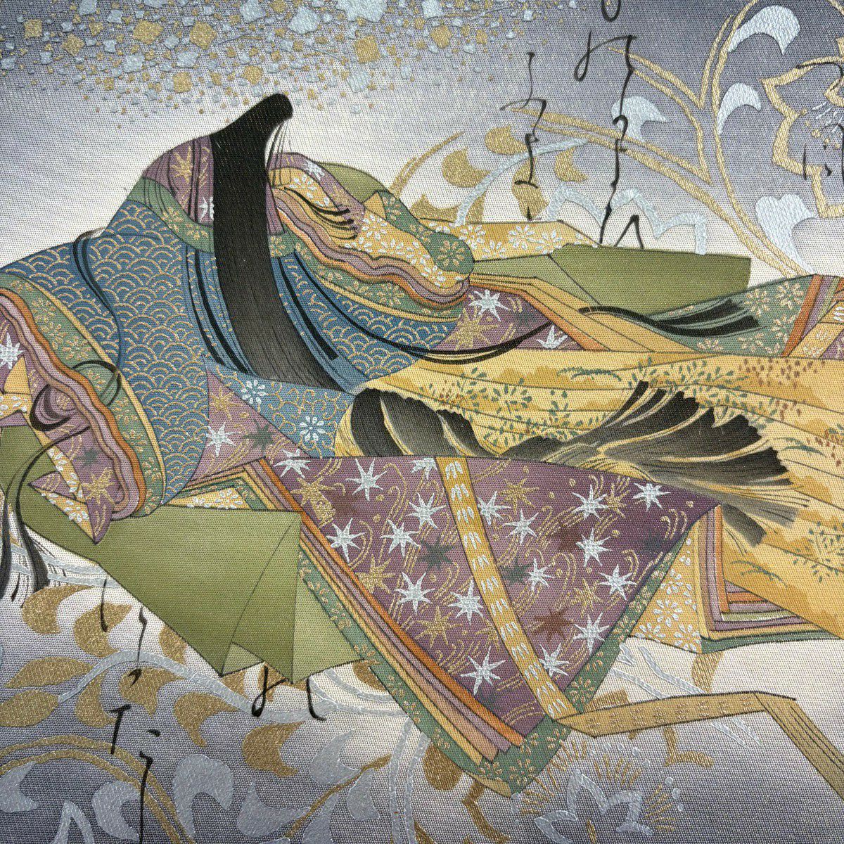 【美品】 袋帶 名品級 樽本伊勢藏 落款あり 姫 和歌 金銀彩 金通 灰色 お太鼓圖案 純蠶絲