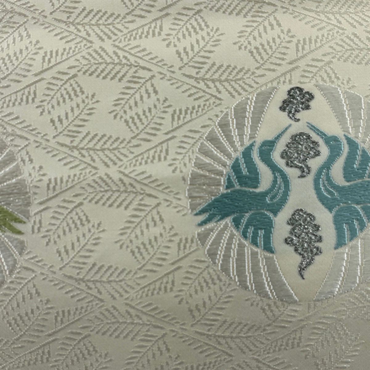 袋帶 名品級 松樹菱與仙鶴的圓文樣 刺繡 銀線 奶油色 六通 純蠶絲