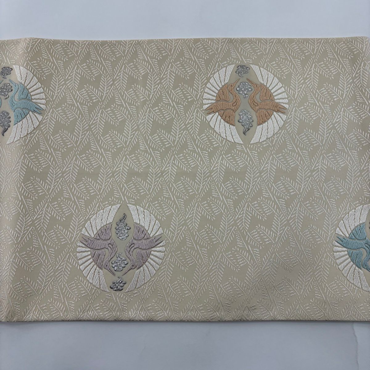 袋帶 名品級 松樹菱與仙鶴的圓文樣 刺繡 銀線 奶油色 六通 純蠶絲