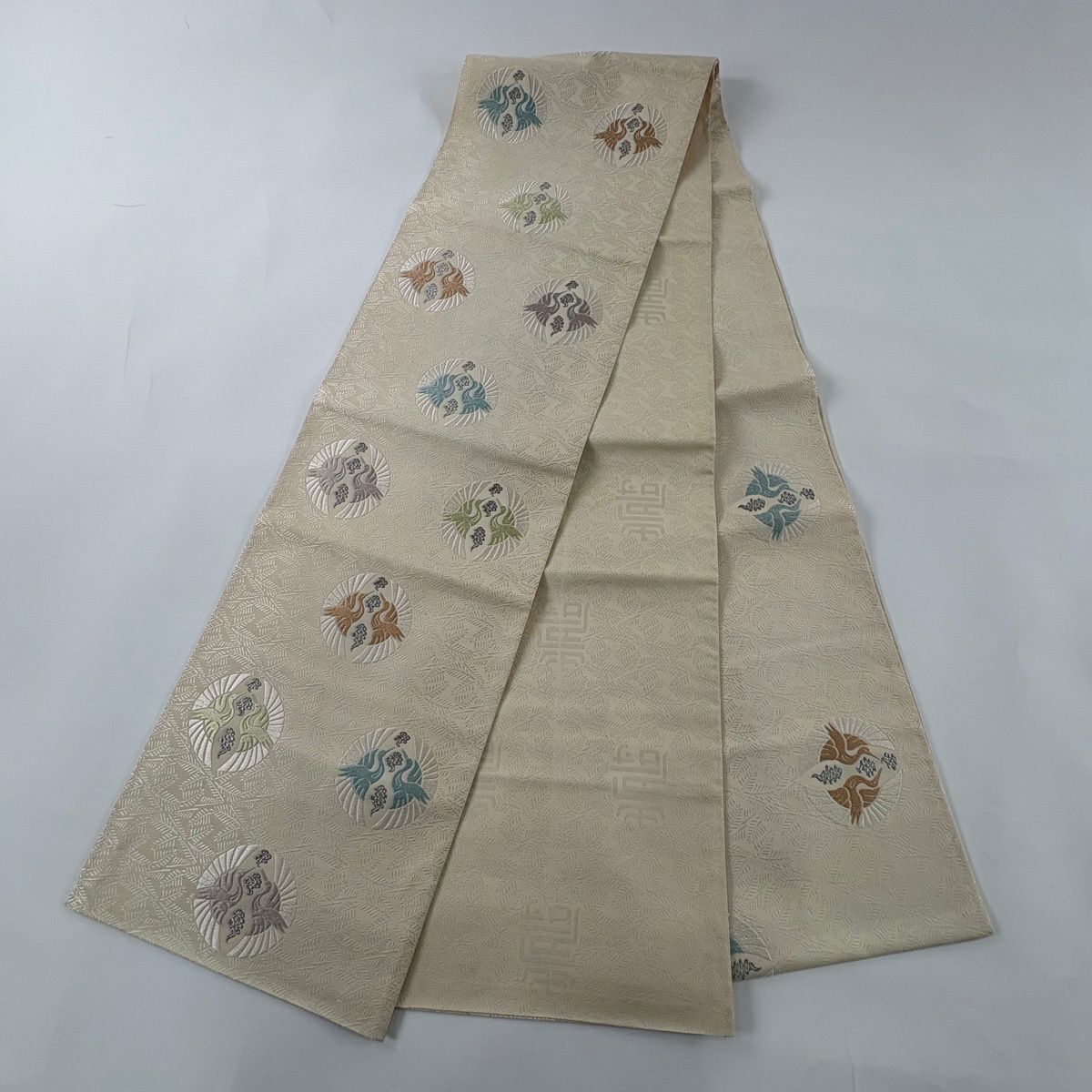 袋帶 名品級 松樹菱與仙鶴的圓文樣 刺繡 銀線 奶油色 六通 純蠶絲