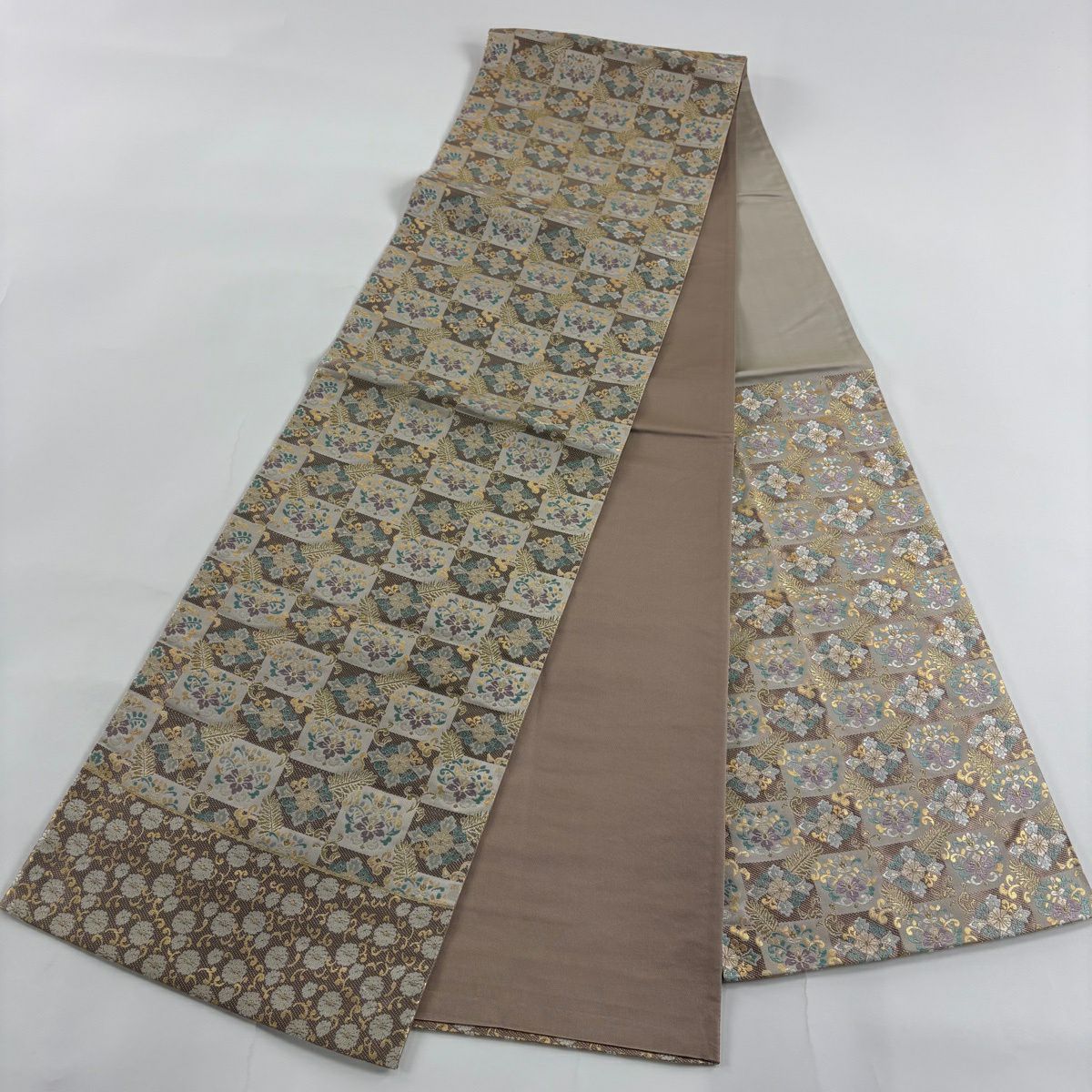 袋帶 名品級 花唐草紋 市松樹 金糸 金金箔 米色 六通 純蠶絲