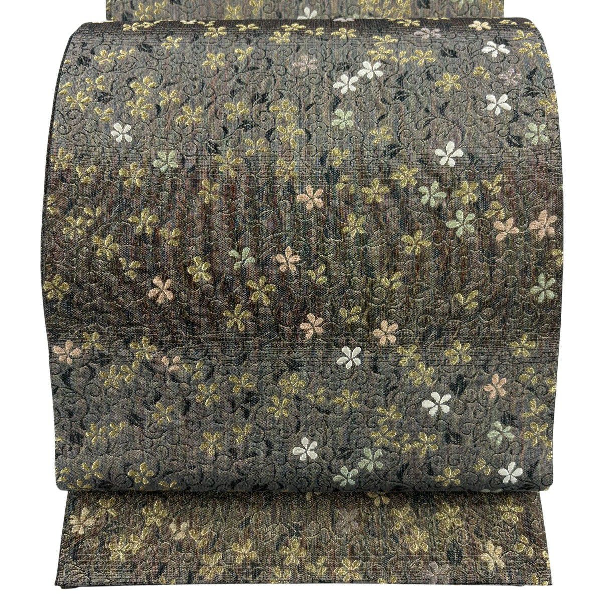 【美品】 袋帶 名品級 花唐草紋 段紋 金絲 刺繡 焦茶 六通 純蠶絲