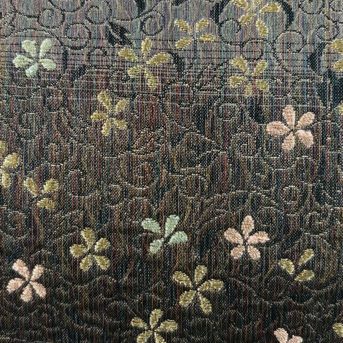 【美品】 袋帶 名品級 花唐草紋 段紋 金絲 刺繡 焦茶 六通 純蠶絲