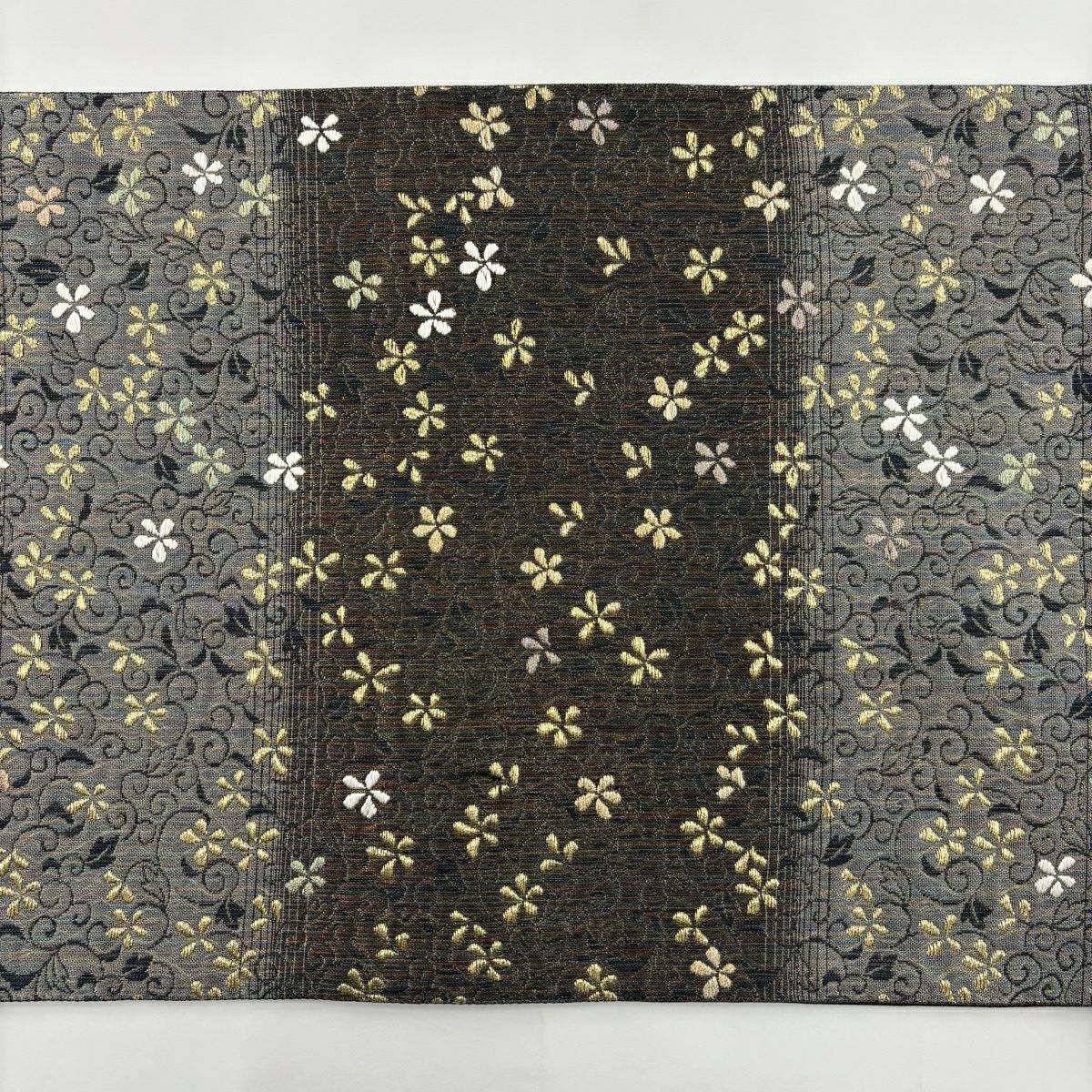 【美品】 袋帶 名品級 花唐草紋 段紋 金絲 刺繡 焦茶 六通 純蠶絲